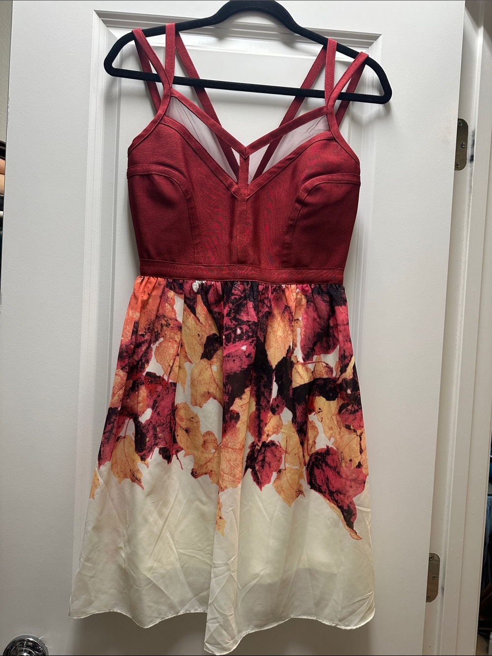 Red Strappy Bodice Dress with Autumn Leaf Print Skirt